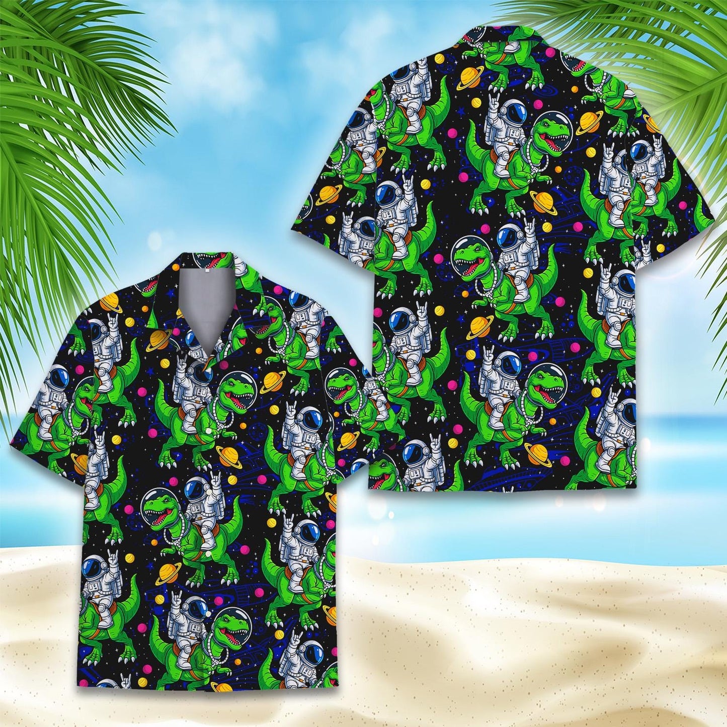 Astronaut Dinosaur Hawaiian Shirt — Funny Space T-Rex Aloha Button-Down