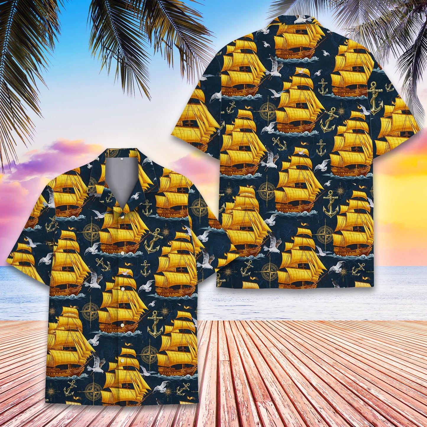 Vintage Pirate Ship Hawaiian Shirt — Nautical Ocean Aloha Button-Down