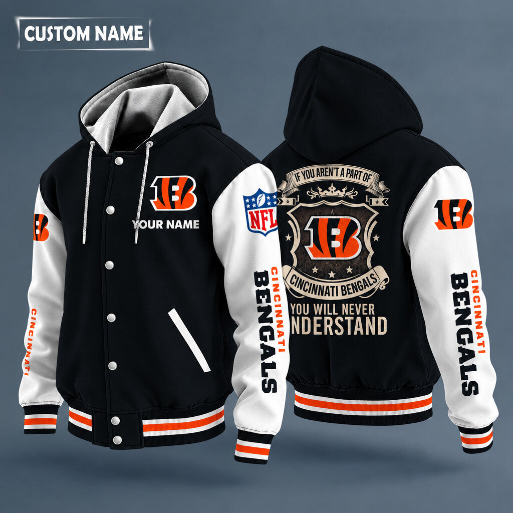 Cincinnati Bengals Hooded Letterman Jacket Custom Name Pewbln