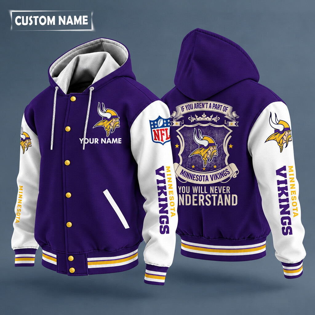 Minnesota Vikings Hooded Letterman Jacket Custom Name Ph9x8q