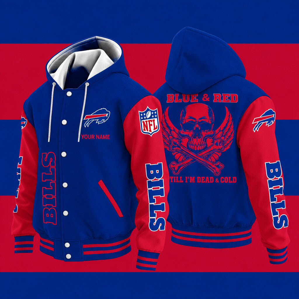 Buffalo Bills Blue & Red Till I'm Dead Hooded Letterman Jacket Custom