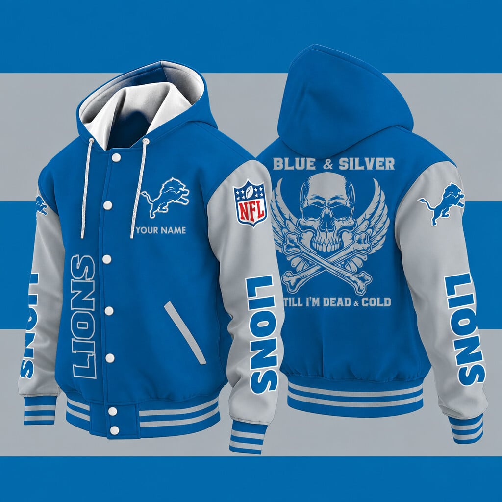 Detroit Lions Blue & Silver Till I'm Dead Hooded Letterman Jacket Cust