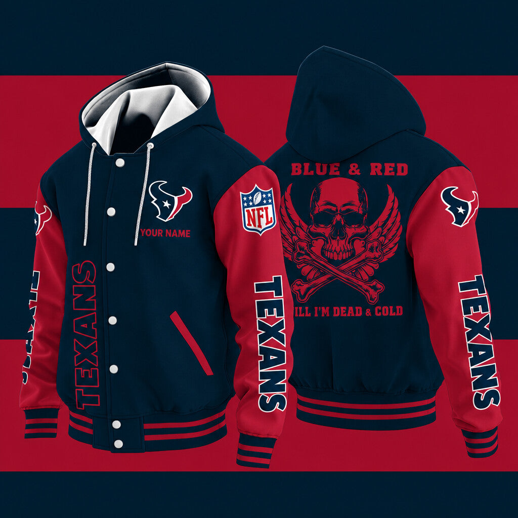 Houston Texans Blue & Red Till I'm Dead Hooded Letterman Jacket Custom