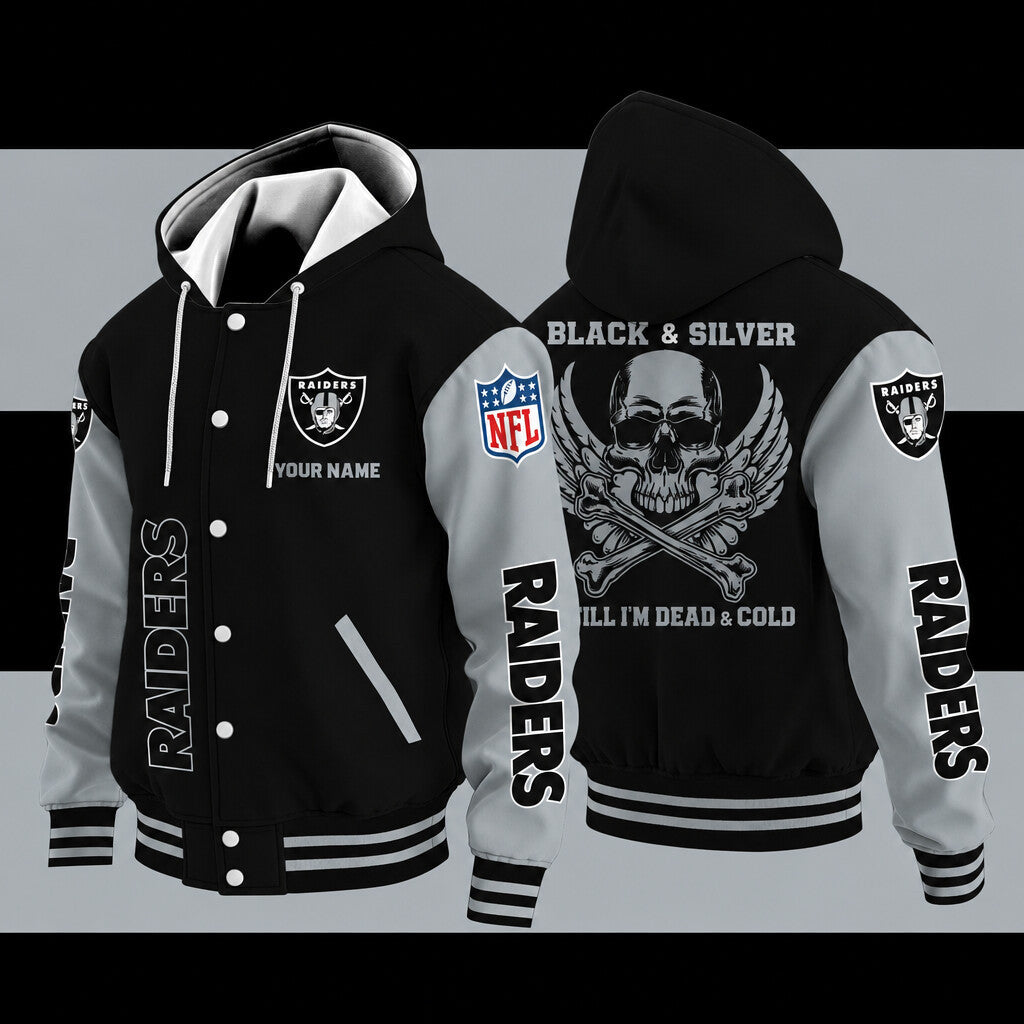 Las Vegas Raiders Black & Silver Till I'm Dead Hooded Letterman Jacket Custom Name Pbr38z