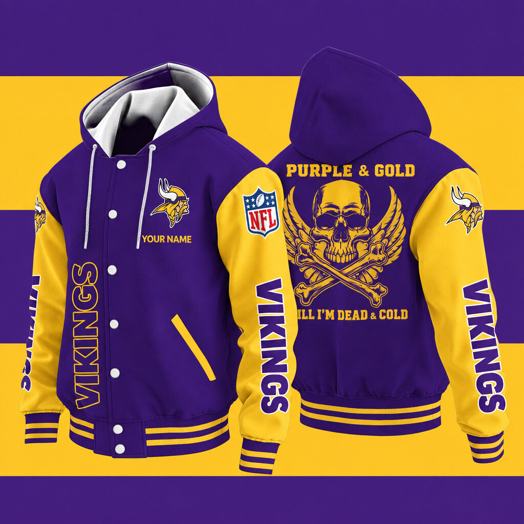 Minnesota Vikings Purple & Gold Till I'm Dead Hooded Letterman Jacket Custom Name P8y352