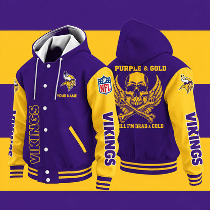 Minnesota Vikings Purple & Gold Till I'm Dead Hooded Letterman Jacket Custom Name P8y352