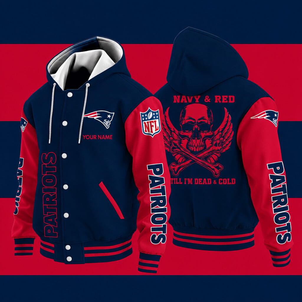 New England Patriots Navy & Red Till I'm Dead Hooded Letterman Jacket Custom Name Pvzruc