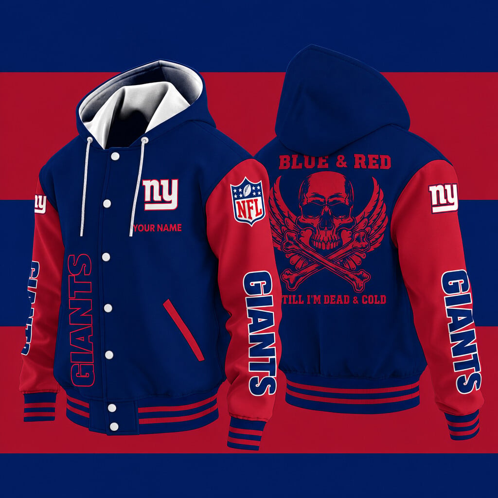 New York Giants Blue & Red Till I'm Dead Hooded Letterman Jacket Custom Name Pnsa7q