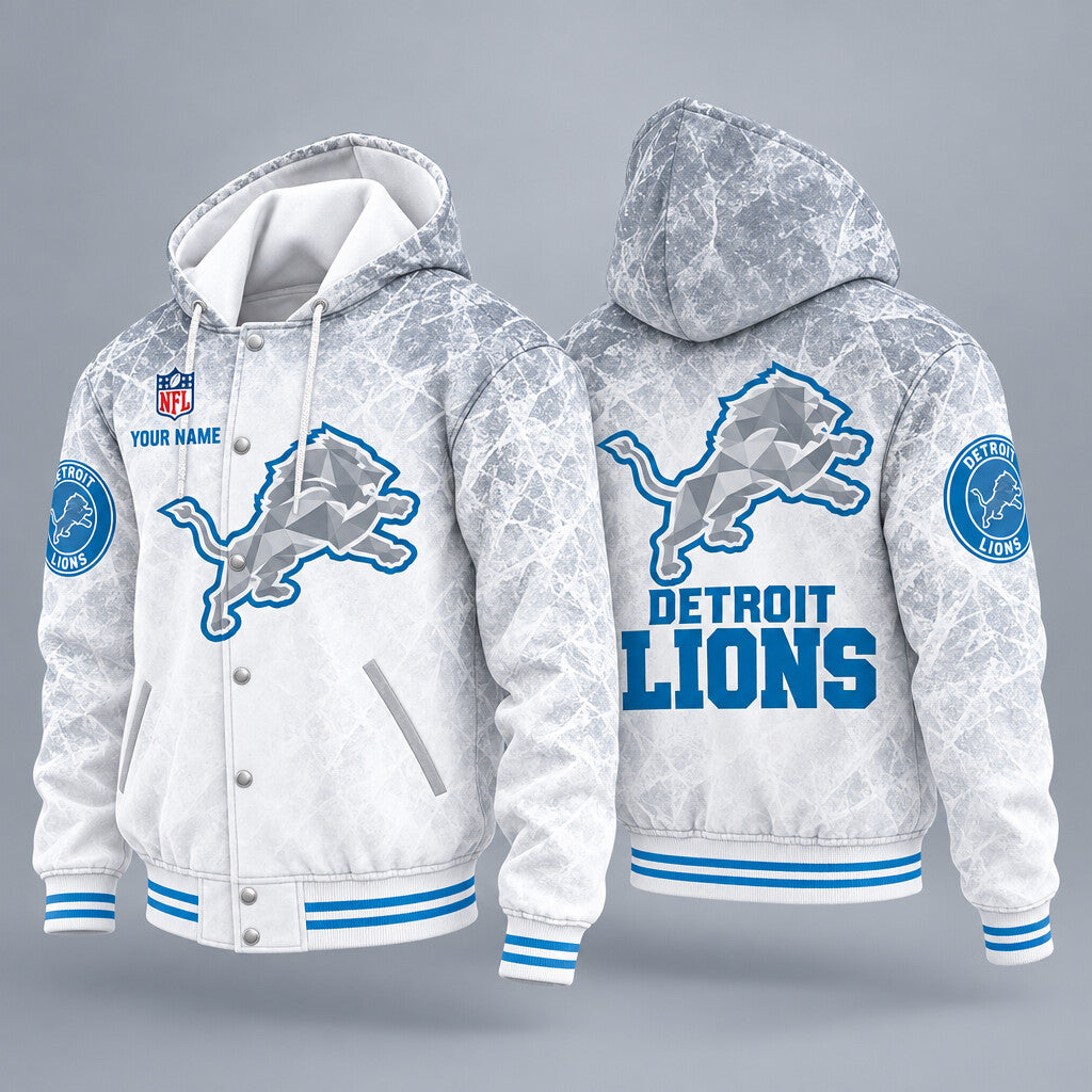 Detroit Lions Ice Hooded Letterman Jacket Custom Name Pdzmr6