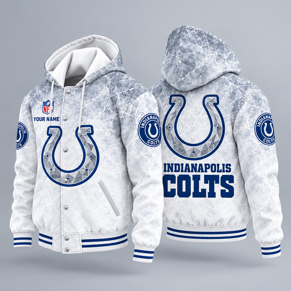 Indianapolis Colts Ice Hooded Letterman Jacket Custom Name Ppudv8