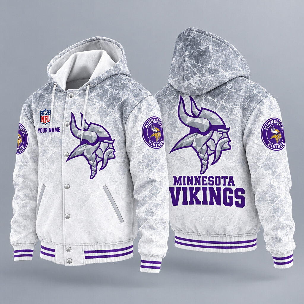 Minnesota Vikings Ice Hooded Letterman Jacket Custom Name Pncde5