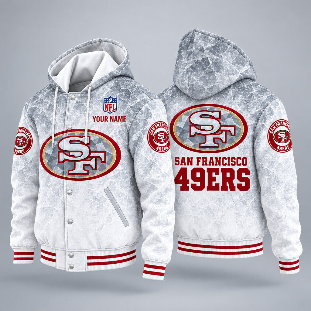 San Francisco 49ers Ice Hooded Letterman Jacket Custom Name Phekd2
