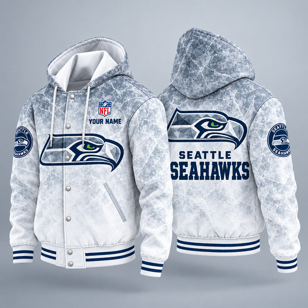 Seattle Seahawks Ice Hooded Letterman Jacket Custom Name Puxz34