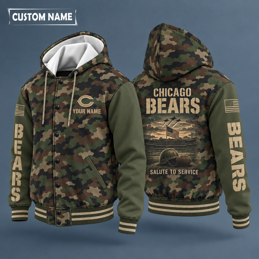 Chicago Bears Salute To Service Hooded Letterman Jacket Custom Name Pt64rt
