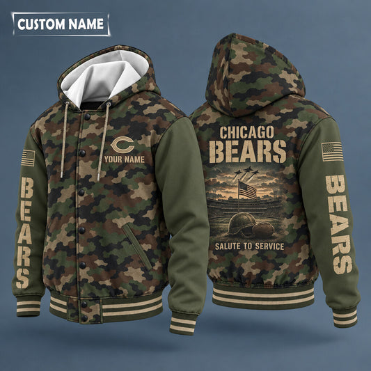Chicago Bears Salute To Service Hooded Letterman Jacket Custom Name Pt64rt