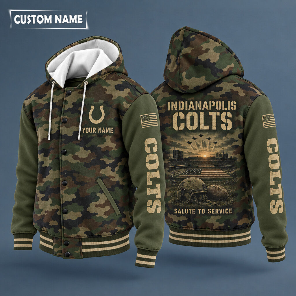 Indianapolis Colts Salute To Service Hooded Letterman Jacket Custom Na