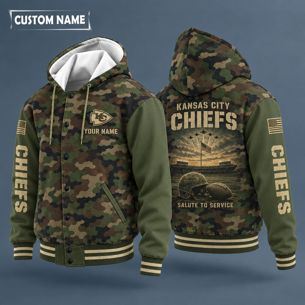 Kansas City Chiefs Salute To Service Hooded Letterman Jacket Custom Na