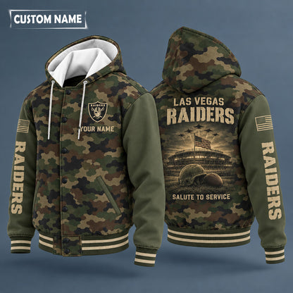 Las Vegas Raiders Salute To Service Hooded Letterman Jacket Custom Nam