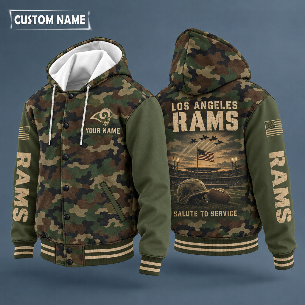 Los Angeles Rams Salute To Service Hooded Letterman Jacket Custom Name
