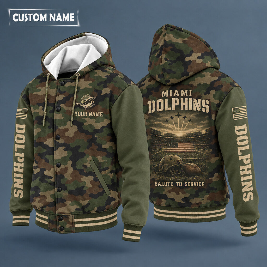Miami Dolphins Salute To Service Hooded Letterman Jacket Custom Name P