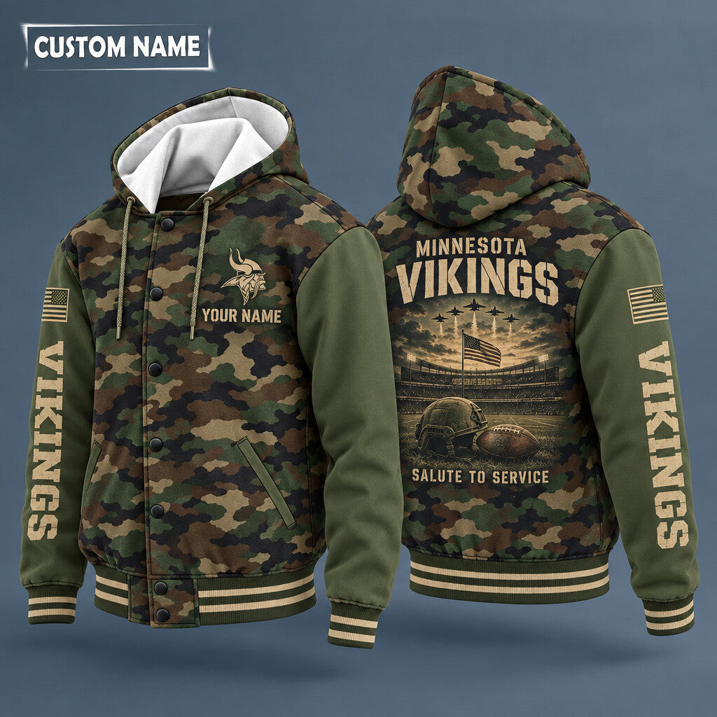 Minnesota Vikings Salute To Service Hooded Letterman Jacket Custom Nam