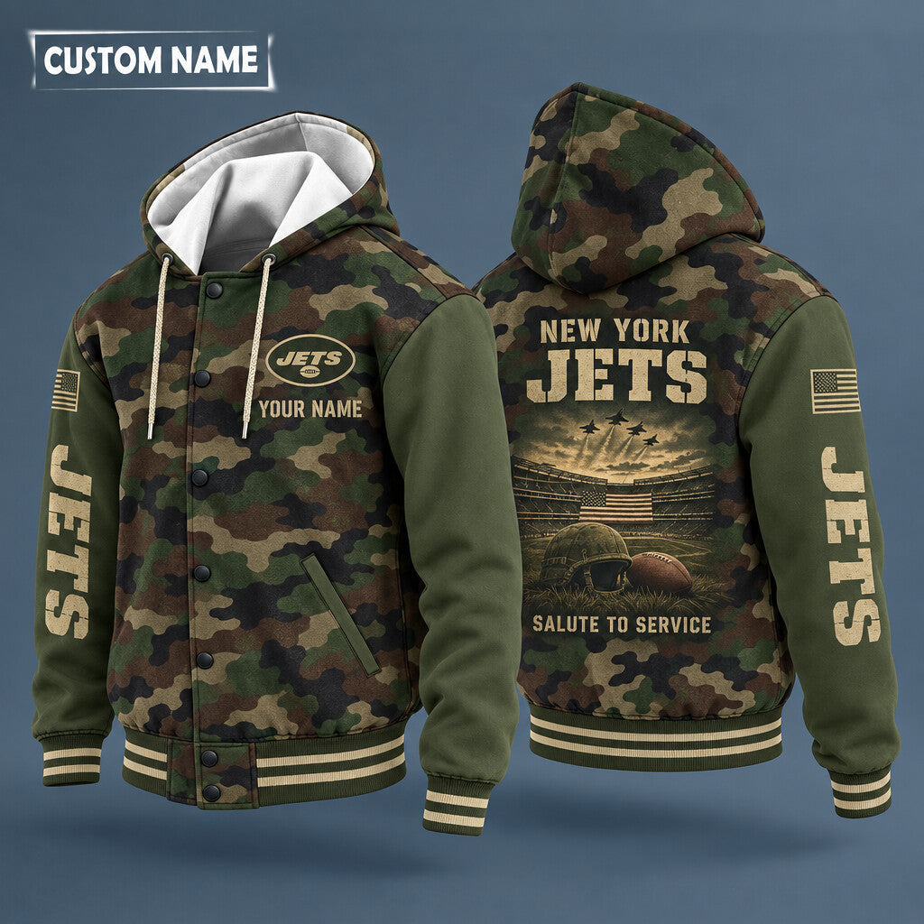 New York Jets Salute To Service Hooded Letterman Jacket Custom Name Pt