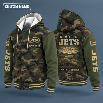 New York Jets Salute To Service Hooded Letterman Jacket Custom Name Pt