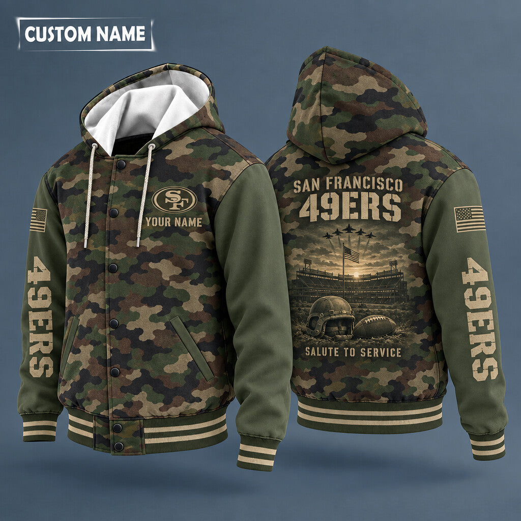 San Francisco 49ers Salute To Service Hooded Letterman Jacket Custom N