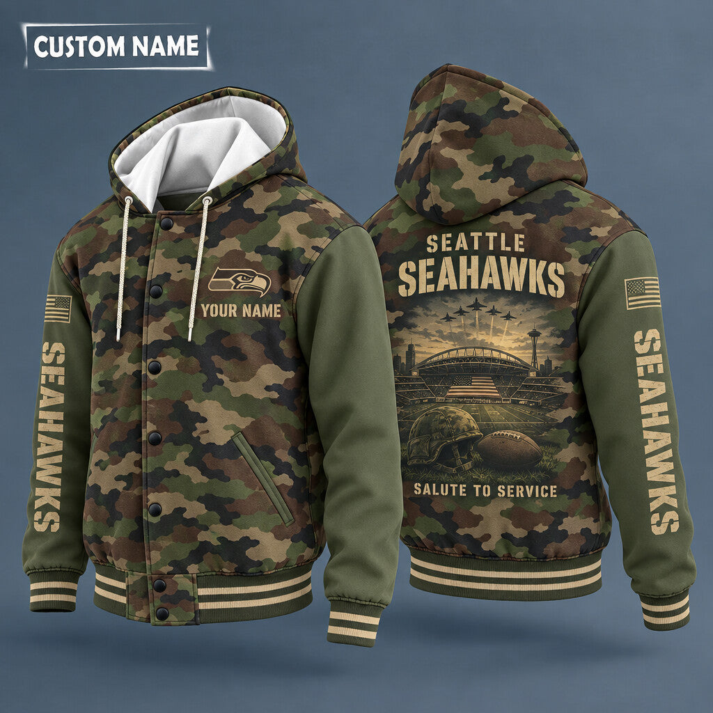 Seattle Seahawks Salute To Service Hooded Letterman Jacket Custom Name