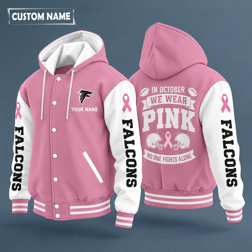 Atlanta Falcons Pink October No One Fights Alone Hooded Letterman Jacket Custom Name Pvertt