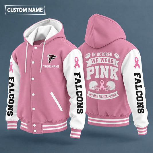 Atlanta Falcons Pink October No One Fights Alone Hooded Letterman Jacket Custom Name Pvertt