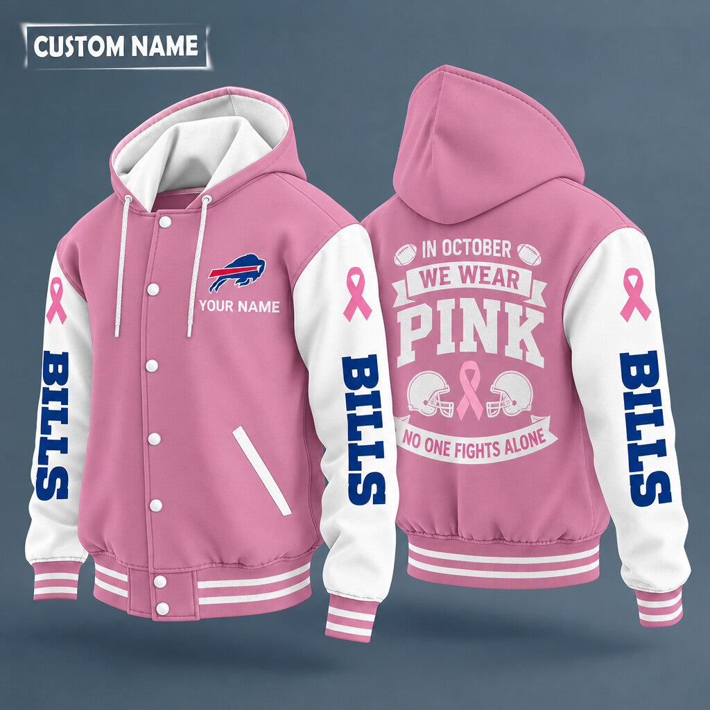 Buffalo Bills Pink October No One Fights Alone Hooded Letterman Jacket Custom Name P4ebpa