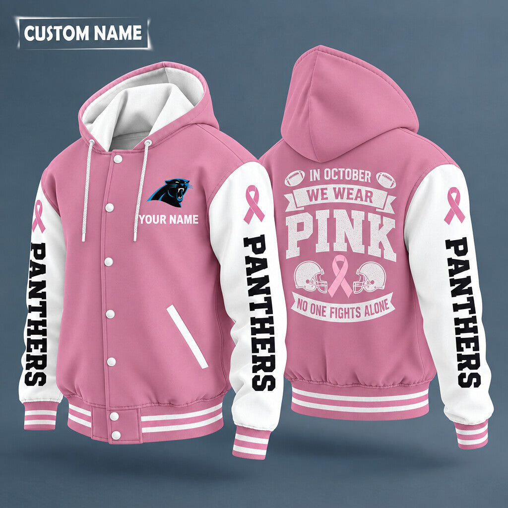 Carolina Panthers Pink October No One Fights Alone Hooded Letterman Jacket Custom Name P3o2na