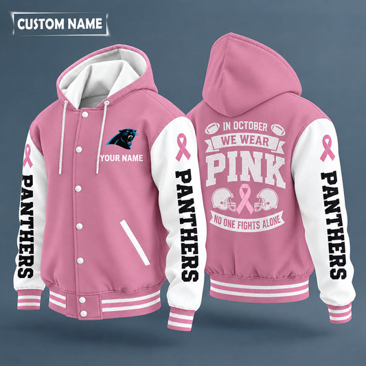 Carolina Panthers Pink October No One Fights Alone Hooded Letterman Jacket Custom Name P3o2na