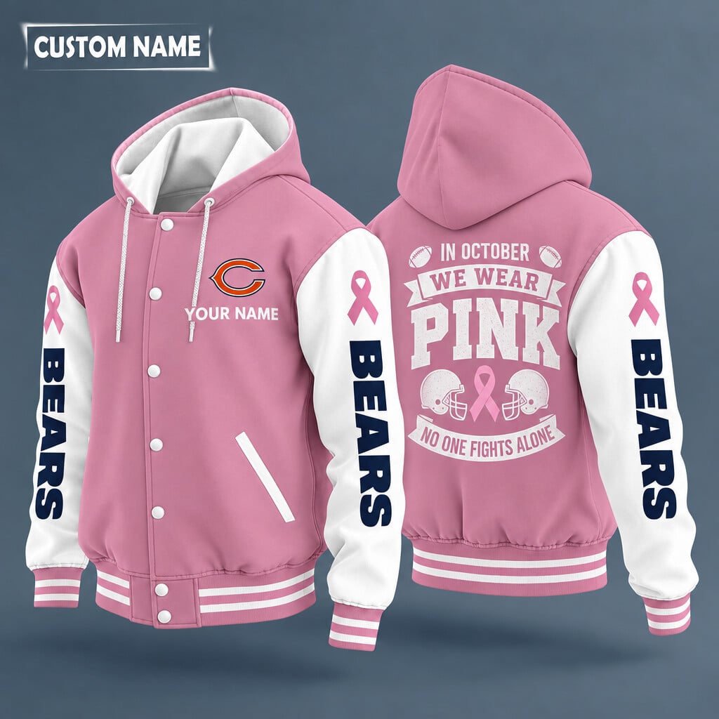 Chicago Bears Pink October No One Fights Alone Hooded Letterman Jacket Custom Name P0onns
