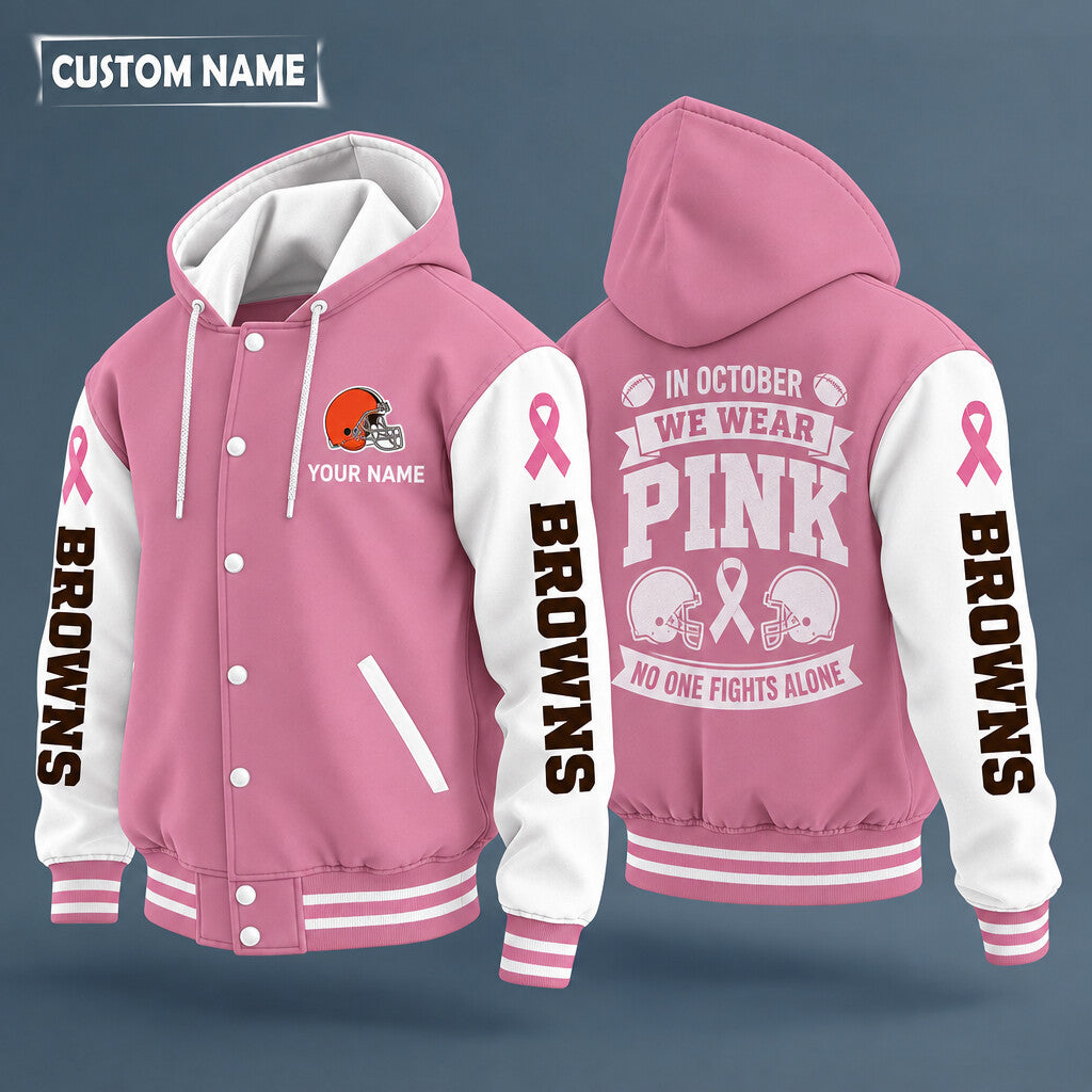 Cleveland Browns Pink October No One Fights Alone Hooded Letterman Jacket Custom Name Ptjgdq