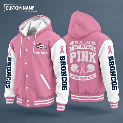 Denver Broncos Pink October No One Fights Alone Hooded Letterman Jacket Custom Name Pnp3h4