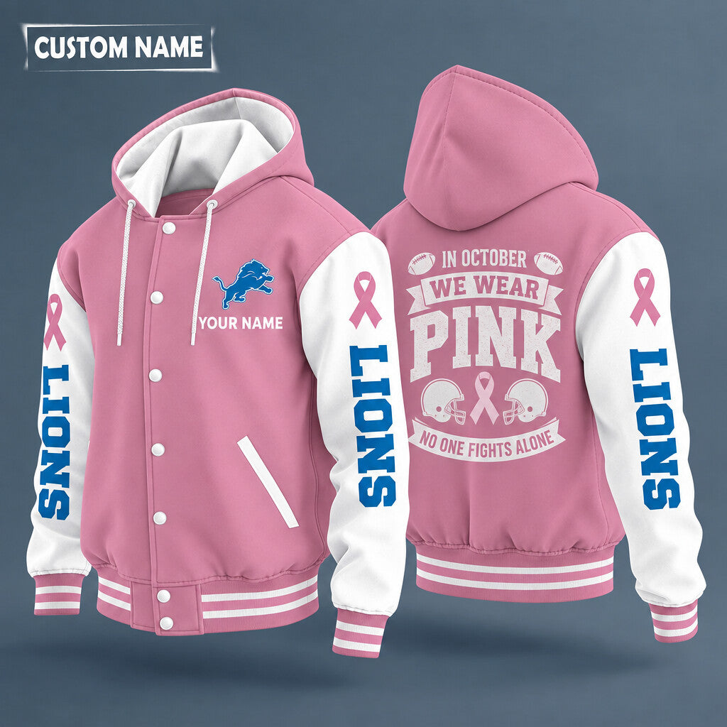 Detroit Lions Pink October No One Fights Alone Hooded Letterman Jacket Custom Name Phrfej