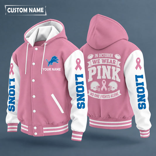 Detroit Lions Pink October No One Fights Alone Hooded Letterman Jacket Custom Name Phrfej