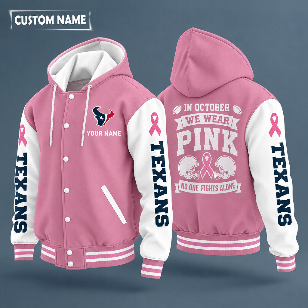 Houston Texans Pink October No One Fights Alone Hooded Letterman Jacket Custom Name P0scnn