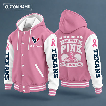 Houston Texans Pink October No One Fights Alone Hooded Letterman Jacket Custom Name P0scnn