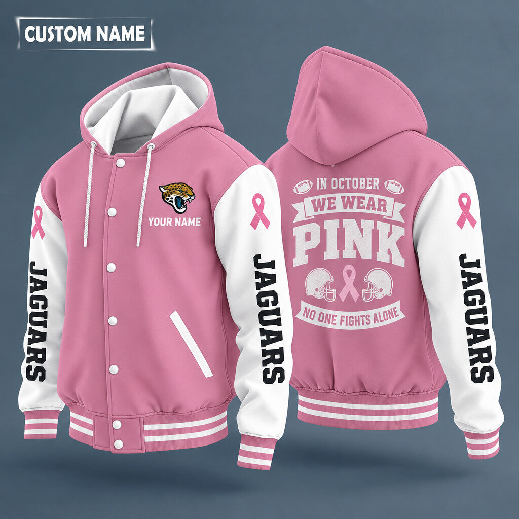Jacksonville Jaguars Pink October No One Fights Alone Hooded Letterman Jacket Custom Name P4cu9q