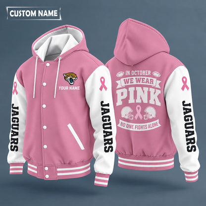 Jacksonville Jaguars Pink October No One Fights Alone Hooded Letterman Jacket Custom Name P4cu9q