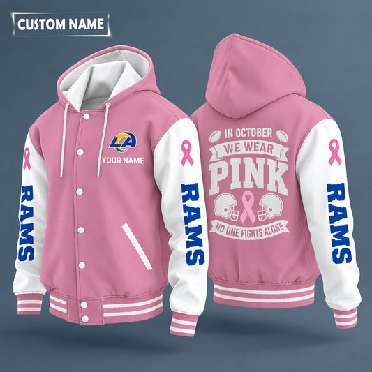 Los Angeles Rams Pink October No One Fights Alone Hooded Letterman Jacket Custom Name Pec4rk