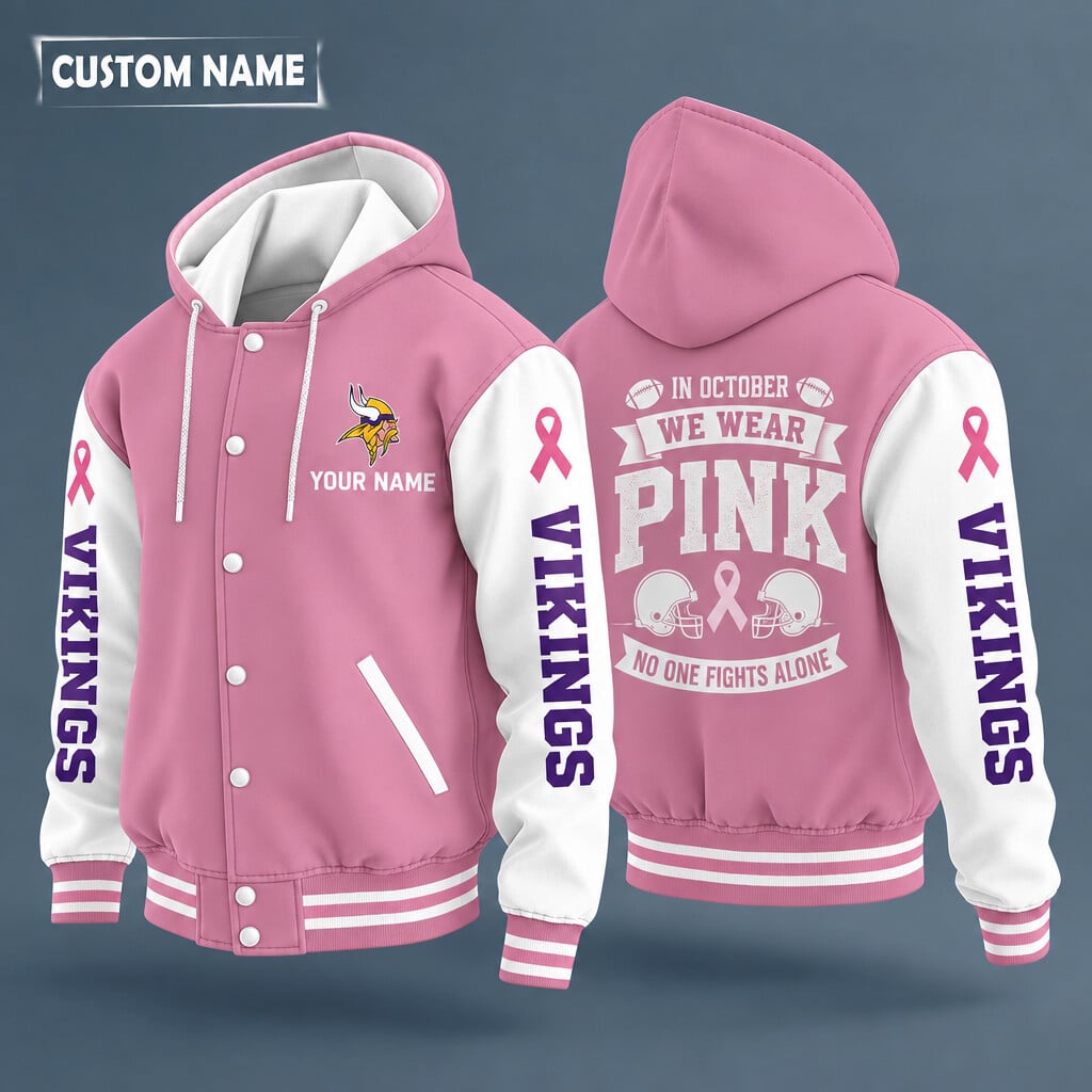 Minnesota Vikings Pink October No One Fights Alone Hooded Letterman Jacket Custom Name P4ppxt