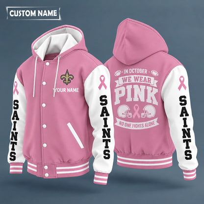 New Orleans Saints Pink October No One Fights Alone Hooded Letterman J