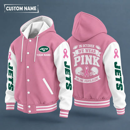 New York Jets Pink October No One Fights Alone Hooded Letterman Jacket