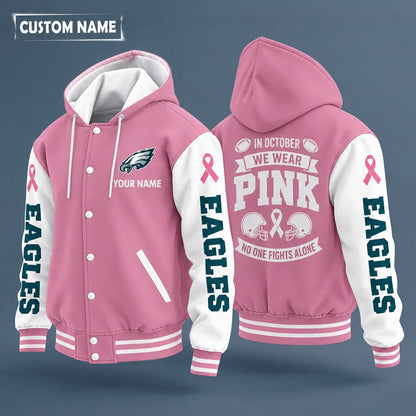 Philadelphia Eagles Pink October No One Fights Alone Hooded Letterman