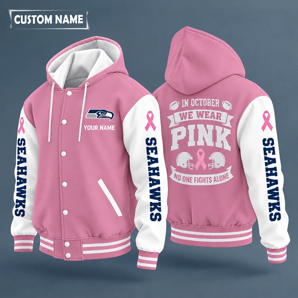Seattle Seahawks Pink October No One Fights Alone Hooded Letterman Jac