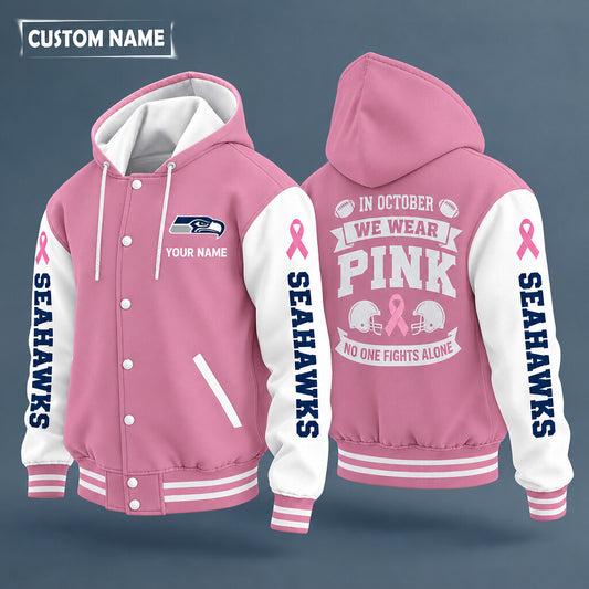 Seattle Seahawks Pink October No One Fights Alone Hooded Letterman Jac